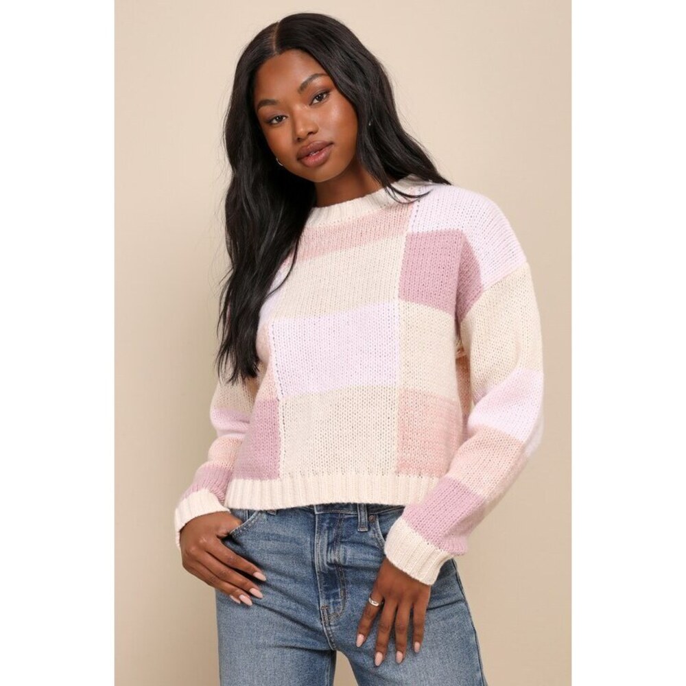 Lulus Warmly Adored Pink Multi Color Block Pullover Sweater - Size M